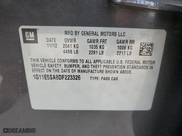 2013 Chevrolet Malibu LT with VIN 1G11E5SA8DF223326, listed as a Copart auction lot 49889165 with 95,697 mi miles and Salvage Title. Bid and sale history available at carsss.com. Image 14.