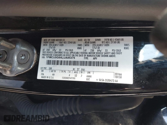2020 Ford Escape SE с VIN 1FMCU0G64LUA95375, выставлен на аукционе IAAI как лот 41332682 с пробегом 107 680 миль миль и . История ставок и продаж доступна на DreamBid. Изображение 9.