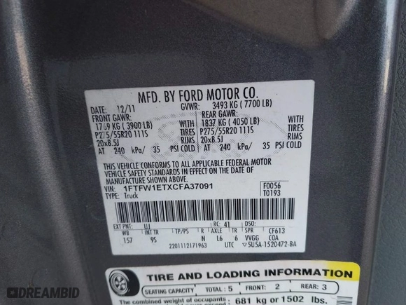 2012 Ford F-150 XL with VIN 1FTFW1ETXCFA37091, listed as a IAAI auction lot 41925287 with NaN miles. Bid and sale history available at carsss.com. Image 9.
