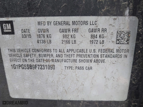 2015 Chevrolet Cruze LTZ with VIN 1G1PG5SB9F7231090, listed as a IAAI auction lot 41819809 with 999,999 mi miles. Bid and sale history available at carsss.com. Image 9.