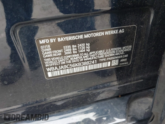 2019 BMW 5 Series 530e with VIN WBAJA9C56KB388241, listed as a IAAI auction lot 42181217 with 69,805 mi miles and . Bid and sale history available at carsss.com. Image 9.