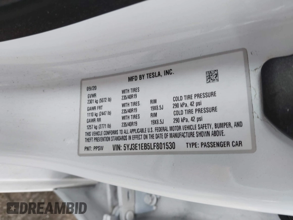 2020 Tesla Model 3 Long Range with VIN 5YJ3E1EB5LF801530, listed as a IAAI auction lot 41682050 with 65,743 mi miles. Bid and sale history available at carsss.com. Image 9.