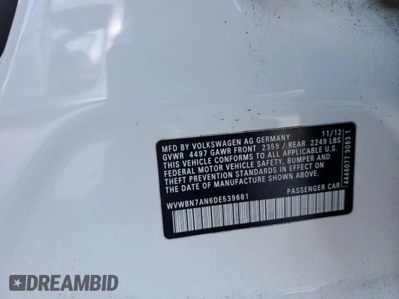 2013 Volkswagen CC Sport with VIN WVWBN7AN6DE539681, listed as a Copart auction lot 45477985 with 121,128 mi miles and Salvage Title. Bid and sale history available at DreamBid. Image 13.