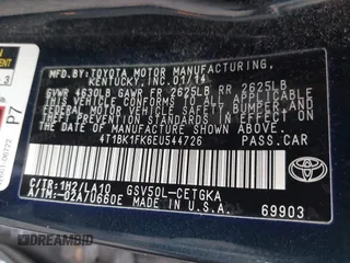 2014 Toyota Camry SE with VIN 4T1BK1FK6EU544726, listed as a IAAI auction lot 41630731 with 108,072 mi miles. Bid and sale history available at carsss.com. Image 9.