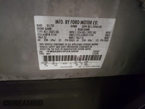 2023 Ford Explorer with VIN 1FMSK8BH3PGA18056, listed as a Copart auction lot 82398254 with 35,237 mi miles and Salvage title. Bid and sale history available at DreamBid. Image 15.