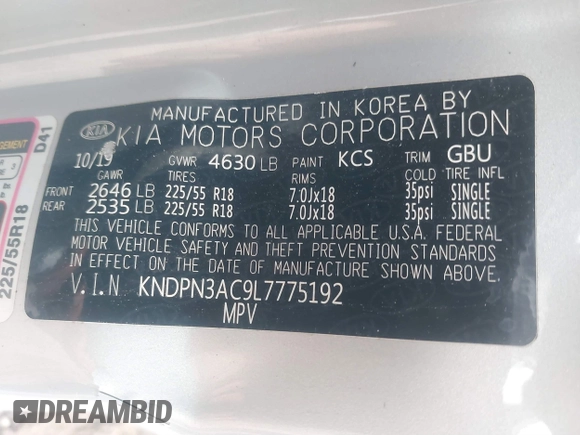 2020 Kia Sportage EX with VIN KNDPN3AC9L7775192, listed as a IAAI auction lot 41020011 with 60,652 mi miles and . Bid and sale history available at DreamBid. Image 9.
