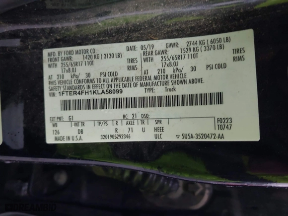 2019 Ford Ranger XL with VIN 1FTER4FH1KLA58099, listed as a IAAI auction lot 40887950 with 29,804 mi miles. Bid and sale history available at carsss.com. Image 9.
