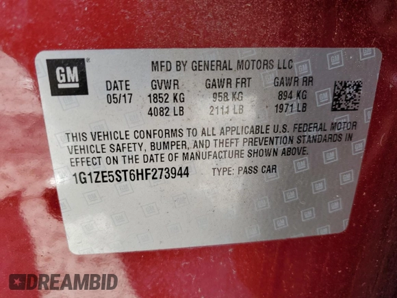 2017 Chevrolet Malibu LT with VIN 1G1ZE5ST6HF273944, listed as a Copart auction lot 50035905 with 19,453 mi miles and Salvage Title. Bid and sale history available at DreamBid. Image 13.