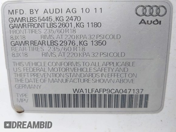 2012 Audi Q5 Premium Plus z VIN WA1LFAFP9CA047137, wystawiony jako IAAI lot #42182350 z przebiegiem 153 157 mil mil oraz . Historia ofert i sprzedaży dostępna na DreamBid. Obrazek 9.