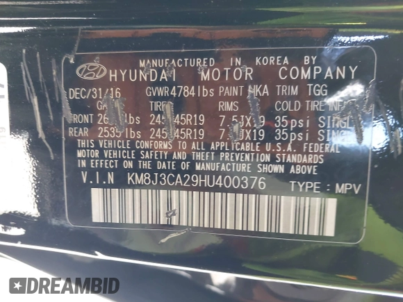 2017 Hyundai Tucson Sport with VIN KM8J3CA29HU400376, listed as a IAAI auction lot 42051949 with 82,717 mi miles and . Bid and sale history available at DreamBid. Image 9.