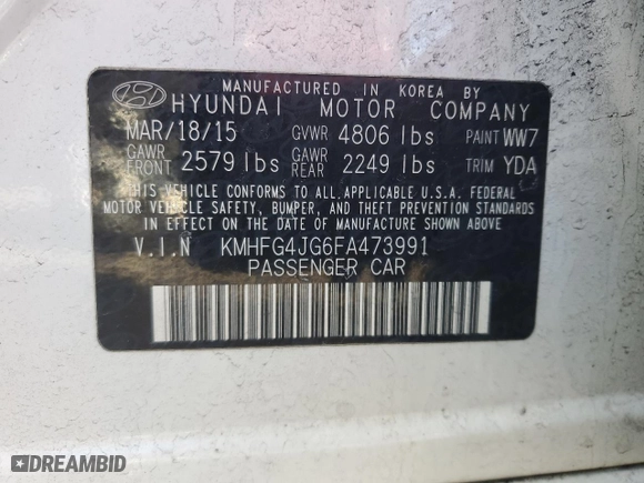 2015 Hyundai Azera with VIN KMHFG4JG6FA473991, listed as a Copart auction lot 44105795 with 0 mi miles and Salvage Title. Bid and sale history available at carsss.com. Image 12.
