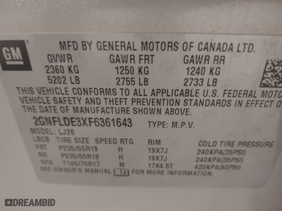 2015 Chevrolet Equinox LTZ with VIN 2GNFLDE3XF6361643, listed as a IAAI auction lot 41702248 with 104,740 mi miles. Bid and sale history available at carsss.com. Image 9.