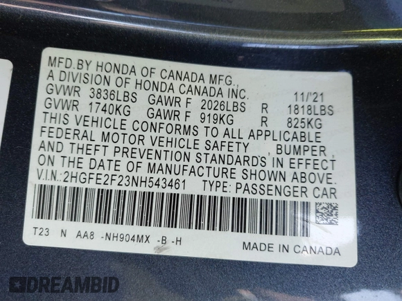 2022 Honda Civic Sedan LX with VIN 2HGFE2F23NH543461, listed as a IAAI auction lot 41262916 with 1 mi miles. Bid and sale history available at carsss.com. Image 9.
