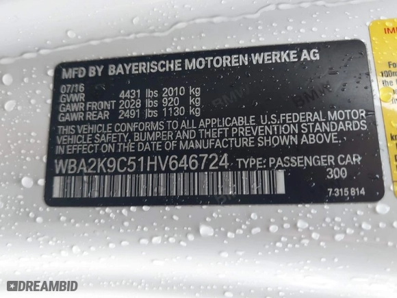 2017 BMW 2 Series 230i with VIN WBA2K9C51HV646724, listed as a IAAI auction lot 41561027 with 57,660 mi miles. Bid and sale history available at carsss.com. Image 9.