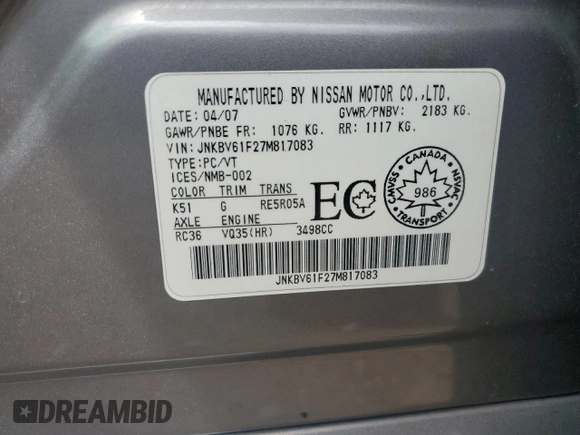 2007 Infiniti G35 with VIN JNKBV61F27M817083, listed as a Copart auction lot 54316065 with 217,079 mi miles and Clean Title. Bid and sale history available at DreamBid. Image 12.