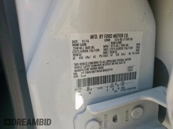 2016 Ford F-350 Platinum with VIN 1FT8W3BT8GEB92274, listed as a Copart auction lot 64411665 with 57,812 mi miles and Salvage title. Bid and sale history available at DreamBid. Image 12.