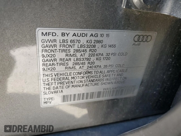 2017 Audi Q7 Premium Plus with VIN WA1LAAF73HD002389, listed as a Copart auction lot 45094155 with 107,686 mi miles and Salvage Title. Bid and sale history available at carsss.com. Image 13.