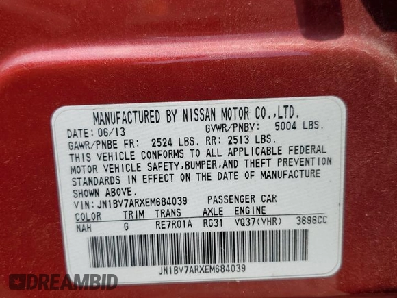 2014 Infiniti Q50 Premium with VIN JN1BV7ARXEM684039, listed as a Copart auction lot 59368355 with 146,546 mi miles and Clean title. Bid and sale history available at DreamBid. Image 12.