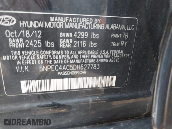 2013 Hyundai Sonata Limited with VIN 5NPEC4AC5DH627783, listed as a IAAI auction lot 42092403 with 93,080 mi miles and . Bid and sale history available at DreamBid. Image 9.