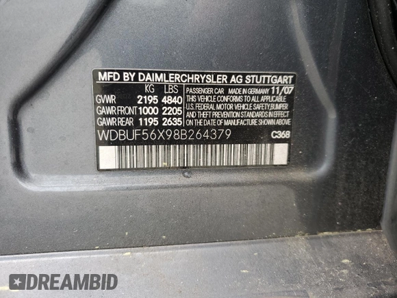 2008 Mercedes-Benz E 350 Luxury with VIN WDBUF56X98B264379, listed as a Copart auction lot 50372635 with 81,598 mi miles and Salvage Title. Bid and sale history available at DreamBid. Image 14.