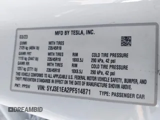 2023 Tesla Model 3 z VIN 5YJ3E1EA2PF514871, wystawiony jako IAAI lot #41703073 z przebiegiem 21 227 mil mil oraz . Historia ofert i sprzedaży dostępna na DreamBid. Obrazek 9.