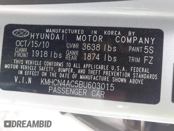 2011 Hyundai Accent GLS with VIN KMHCN4AC5BU603015, listed as a IAAI auction lot 41949292 with 206,879 mi miles and . Bid and sale history available at DreamBid. Image 9.