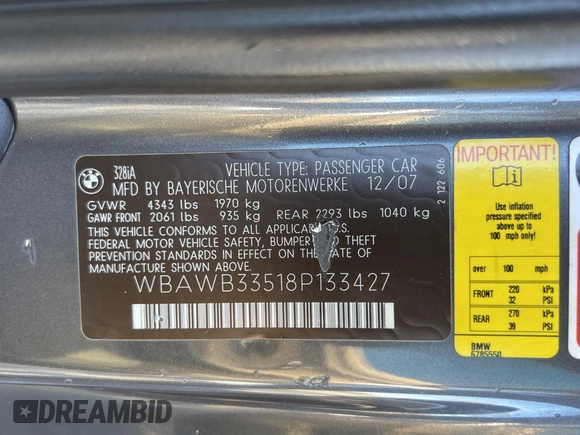 2008 BMW 3 Series 328i with VIN WBAWB33518P133427, listed as a Copart auction lot 53393465 with 111,539 mi miles and Clean Title. Bid and sale history available at carsss.com. Image 10.