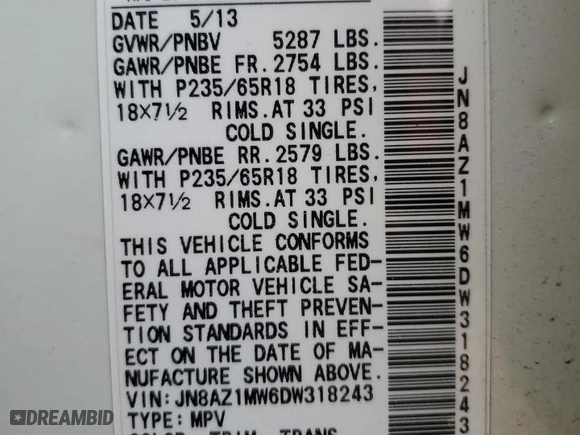 2013 Nissan Murano SL with VIN JN8AZ1MW6DW318243, listed as a Copart auction lot 42705105 with 162,469 mi miles and Salvage Title. Bid and sale history available at carsss.com. Image 13.