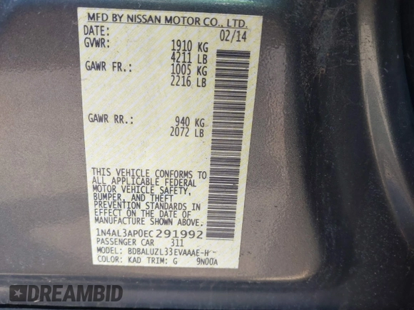 2014 Nissan Altima 2.5 with VIN 1N4AL3AP0EC291992, listed as a IAAI auction lot 41869836 with 70,471 mi miles. Bid and sale history available at carsss.com. Image 9.