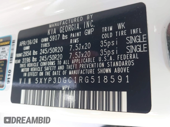 2024 Kia Telluride EX X-Line with VIN 5XYP3DGC1RG518591, listed as a IAAI auction lot 42213577 with 15,760 mi miles and . Bid and sale history available at DreamBid. Image 9.