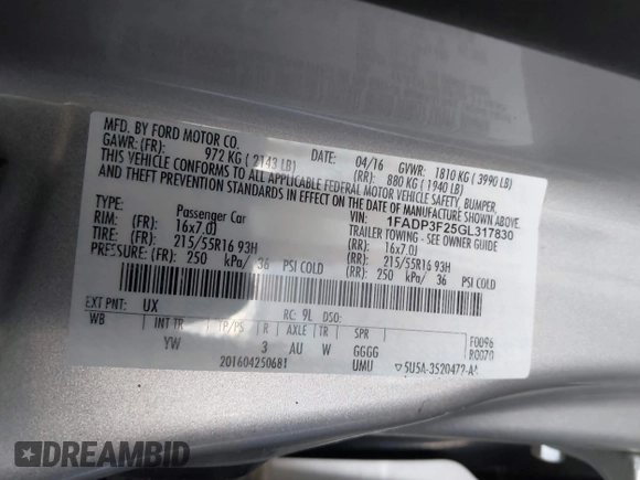2016 Ford Focus SE with VIN 1FADP3F25GL317830, listed as a IAAI auction lot 42348499 with 8,679 mi miles and . Bid and sale history available at DreamBid. Image 9.