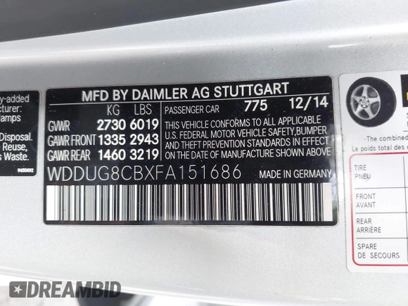 2015 Mercedes-Benz S-Class S 550 with VIN WDDUG8CBXFA151686, listed as a IAAI auction lot 41770180 with 132,516 mi miles. Bid and sale history available at carsss.com. Image 9.