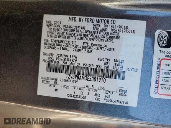 2014 Ford Mustang V6 with VIN 1ZVBP8AM3E5301910, listed as a Copart auction lot 56006345 with 163,880 mi miles and Salvage title. Bid and sale history available at DreamBid. Image 12.