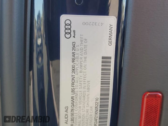 2019 Audi A7 Premium Plus with VIN WAUR2AF21KN052210, listed as a Copart auction lot 60918945 with 64,740 mi miles and Salvage title. Bid and sale history available at DreamBid. Image 12.