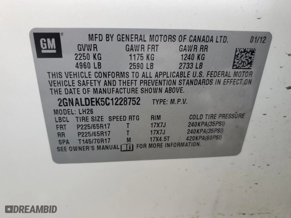 2012 Chevrolet Equinox LT w/1LT with VIN 2GNALDEK5C1228752, listed as a Copart auction lot 51697525 with 137,787 mi miles and Salvage Title. Bid and sale history available at carsss.com. Image 16.