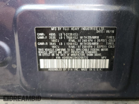 2017 Subaru Outback Limited z VIN 4S4BSAKC5H3208722, wystawiony jako Copart lot #58214955 z przebiegiem 166 675 mil mil oraz Szkoda całkowita • Salvage title. Historia ofert i sprzedaży dostępna na DreamBid. Obrazek 14.