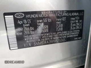 2023 Hyundai Santa Fe SE with VIN 5NMS14AJ9PH575065, listed as a Copart auction lot 54696155 with 34,964 mi miles and Salvage title. Bid and sale history available at DreamBid. Image 13.