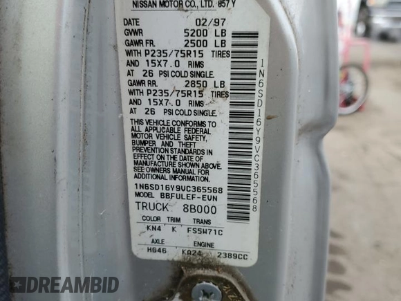 1997 Nissan Frontier XE with VIN 1N6SD16Y9VC365568, listed as a Copart auction lot 88138525 with 54,094 mi miles and Clean title. Bid and sale history available at DreamBid. Image 12.