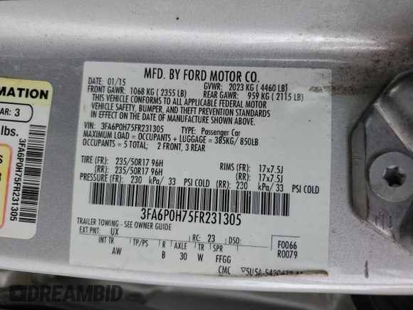 2015 Ford Fusion SE with VIN 3FA6P0H75FR231305, listed as a Copart auction lot 51126365 with 193,175 mi miles and Salvage Title. Bid and sale history available at carsss.com. Image 12.