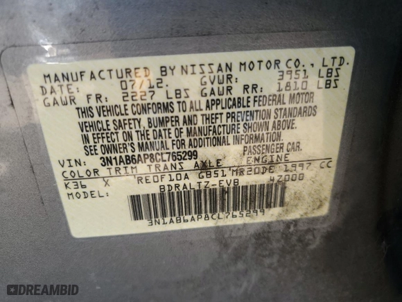 2012 Nissan Sentra 2.0 SR with VIN 3N1AB6AP8CL765299, listed as a Copart auction lot 50106265 with 135,616 mi miles and Salvage Title. Bid and sale history available at carsss.com. Image 12.