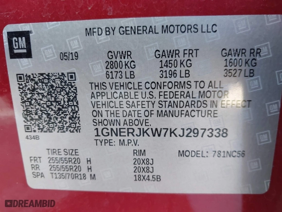 2019 Chevrolet Traverse RS with VIN 1GNERJKW7KJ297338, listed as a IAAI auction lot 41813089 with 46,311 mi miles. Bid and sale history available at carsss.com. Image 9.
