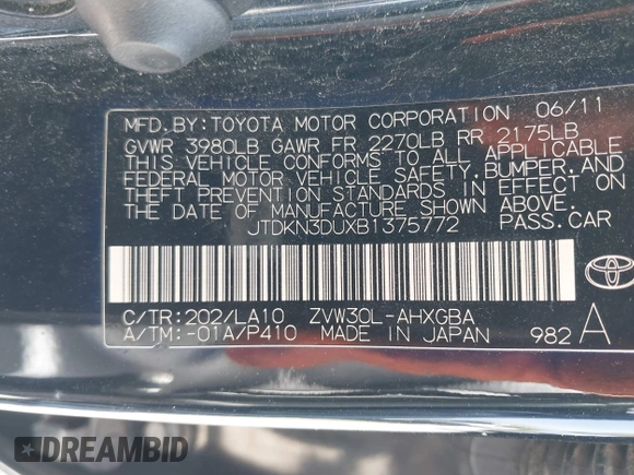 2011 Toyota Prius I z VIN JTDKN3DUXB1375772, wystawiony jako IAAI lot #42315979 z przebiegiem 208 265 mil mil oraz . Historia ofert i sprzedaży dostępna na DreamBid. Obrazek 9.