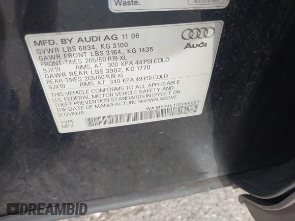 2007 Audi Q7 Premium with VIN WA1BY74L17D066083, listed as a IAAI auction lot 42307748 with 171,507 mi miles and . Bid and sale history available at DreamBid. Image 9.