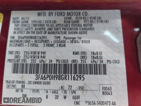 2016 Ford Fusion SE with VIN 3FA6P0H98GR116295, listed as a IAAI auction lot 42569068 with 195,119 mi miles and . Bid and sale history available at DreamBid. Image 9.
