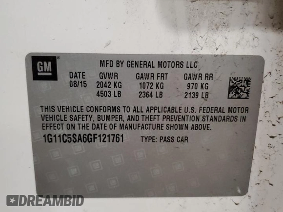 2016 Chevrolet Malibu LT with VIN 1G11C5SA6GF121761, listed as a Copart auction lot 53158695 with 117,055 mi miles and Salvage Title. Bid and sale history available at carsss.com. Image 12.
