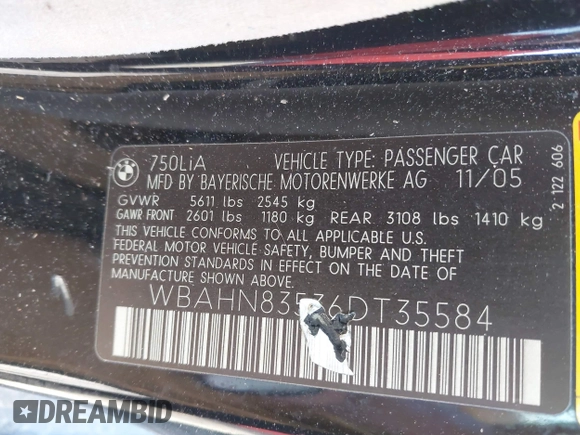 2006 BMW 7 Series 750Li with VIN WBAHN83536DT35584, listed as a IAAI auction lot 41693827 with 173,778 mi miles. Bid and sale history available at carsss.com. Image 9.