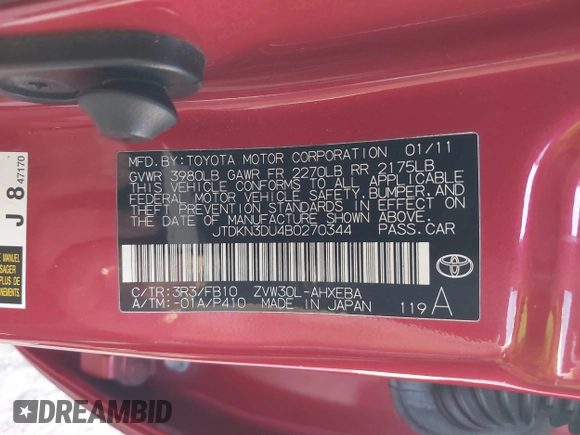 2011 Toyota Prius I z VIN JTDKN3DU4B0270344, wystawiony jako IAAI lot #41808961 z przebiegiem 190 893 mil mil oraz . Historia ofert i sprzedaży dostępna na DreamBid. Obrazek 9.