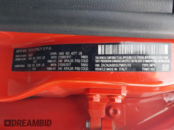 2020 Jeep Renegade Altitude with VIN ZACNJABB3LPM05319, listed as a IAAI auction lot 41491809 with 95,043 mi miles and . Bid and sale history available at DreamBid. Image 9.