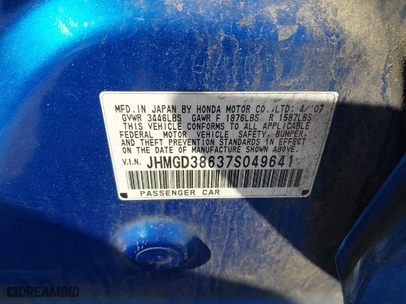 2007 Honda Fit Sport with VIN JHMGD38637S049641, listed as a IAAI auction lot 41674782 with 131,882 mi miles. Bid and sale history available at carsss.com. Image 9.