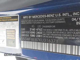 2019 Mercedes-Benz C 300 with VIN 55SWF8EB7KU316371, listed as a IAAI auction lot 41358436 with 78,239 mi miles and . Bid and sale history available at carsss.com. Image 9.